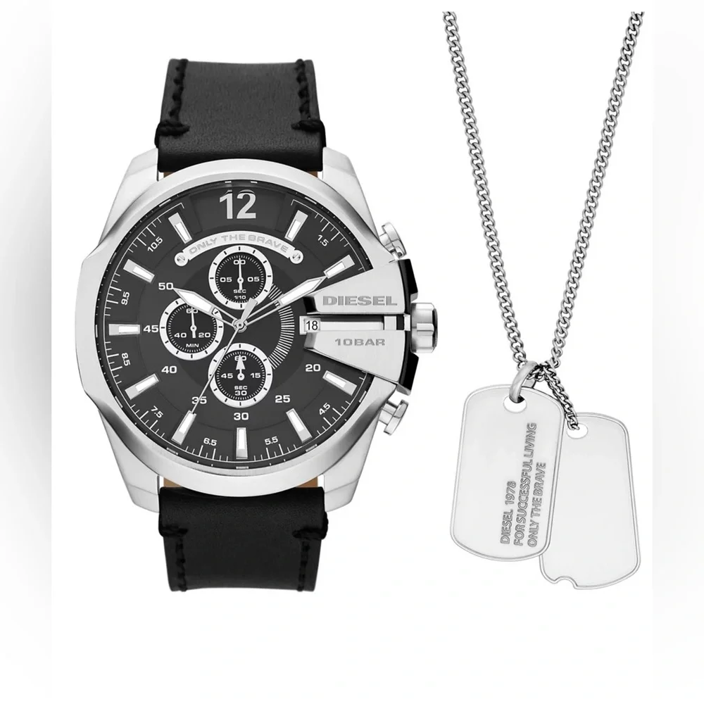 Diesel Men's Mega Chief Chronograph Black Leather Watch And Necklace Set